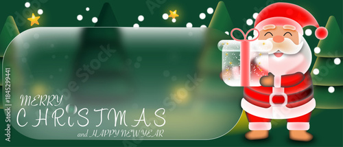 Cute Smiling Santa Claus with Gifts full of Stars, with Glass morphism copy space. Perfect for Christmas designs, holiday greetings, seasonal promotions, apps, stickers, and festive branding