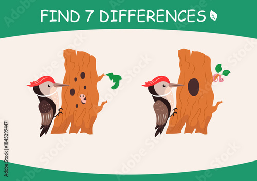 Find differences game. Children developmental and educational play for attention. Funny woodpecker on tree looking worm. Kids page nowaday vector template