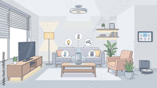 Modern smart home interior. Voice assistant speaker with automation icons. Internet of things technology. Robot vacuum and control panel. Connected devices. Flat vector illustration.