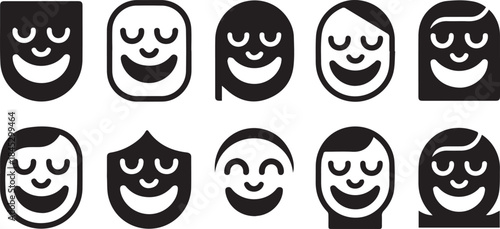 Set of ten black and white smiling face icons with closed eyes in varied head shapes symbol graphic