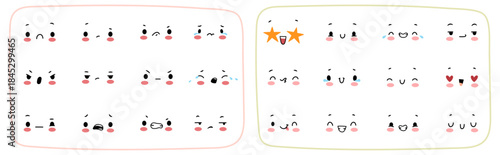 Kawaii faces set. Vector characters expressing positive and negative emotions. Sadness and anger, crying and irritation, surprise and amazement, love and playfulness, smiling and laughing with tears