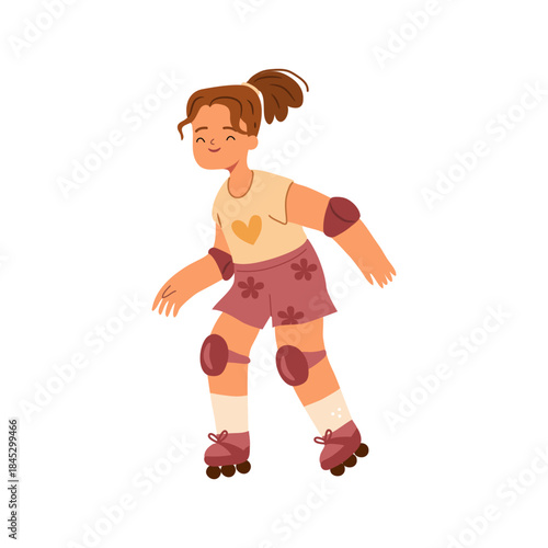 Preteen girl wearing protective knee pads and gear for safety while rolling. Vector in flat style, roller skating activity and sports, recreation and hobby for personage. Child on weekends
