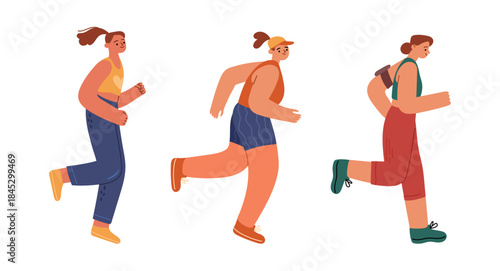 Marathon runners, isolated set of women wearing sportive clothes jogging. Vector in flat style, doing sports and keeping active lifestyle. Marathon participants, championship sprint race