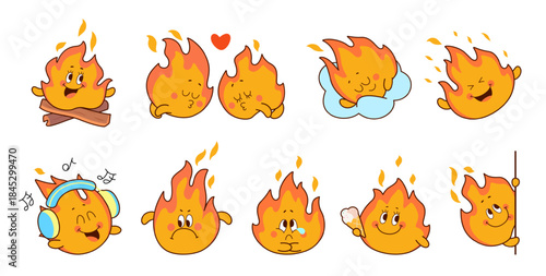 Kawaii flame characters. Isolated fire stickers, cute flames various emotions. Doodle happy fires in love, sleeping, eating listen music, nowaday vector set