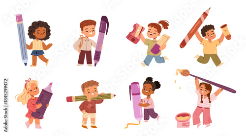 Group of diverse children holding oversized pencils, pens and paintbrushes. Vector isolated cartoon characters in playful poses. Educational school materials and classrooms elements set