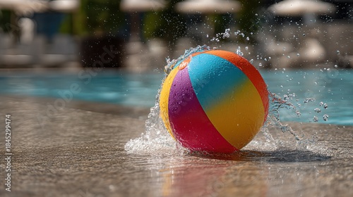 Kids Poolside Fun with Splashing Colorful Beach Ball on Sunny