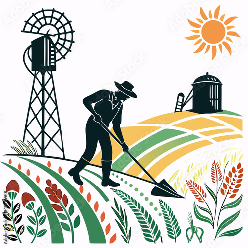 Silhouetted illustration of a farmer cultivating a field with a hoe, featuring a windmill and silo
