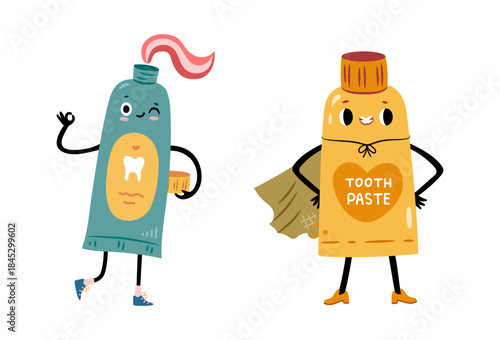 Playful toothpaste characters dressed superhero. Vector isolated smiling cartoon personages with hands and legs. Childrens dental care and oral hygiene education. Creative pastes and healthy habits