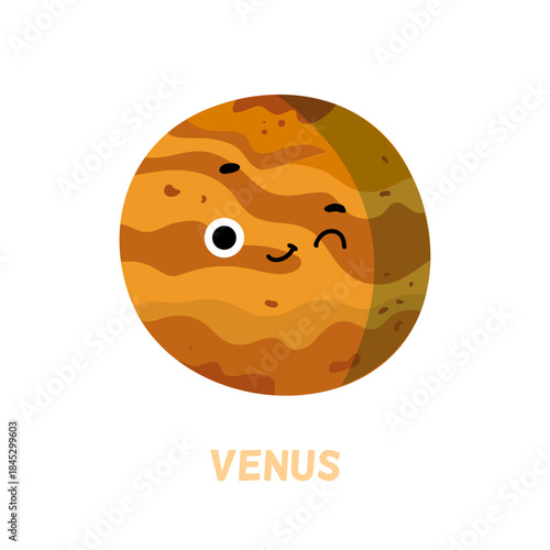 Venus character with winking and smiling facial expression. Vector in flat style, cute personage of solar system. Astronomy and celestial bodies exploration and learning for kids. School lessons