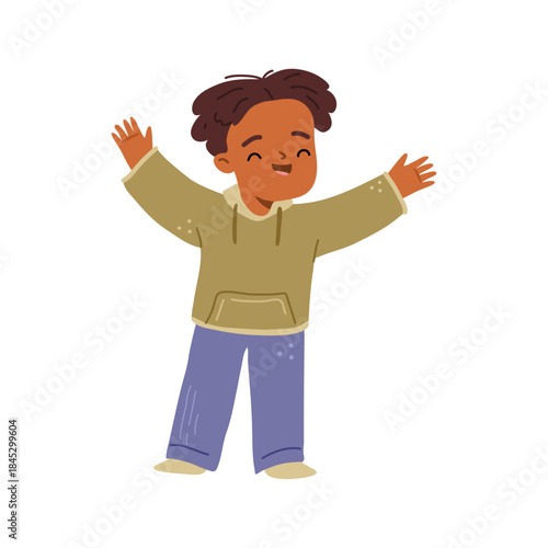 Cheerful preschooler or toddler raising hands and smiling. Vector in flat style, isolated positive kid jumping and expressing happiness. Pupil or student, preteen or schoolboy with smile on face