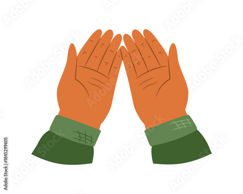 Person making dua to Allah, isolated hands raised with open palm facing upwards. Vector gesture symbolizing request to God. Central practice in Islam, symbol of informal conversation with Creator