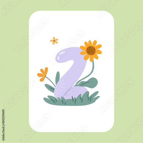 Baby birthday card with number two. Vector in flat style, 2 years or months, kid milestone celebration. Cute postcard for celebrating and greeting, photoshoot decoration for children and parents