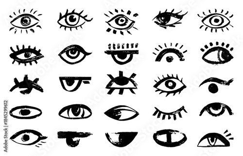 Brush drawing eyes. Bold ink brushes lines, abstract female eye with lashes. Isolated paint human face elements, creative art design neoteric vector set