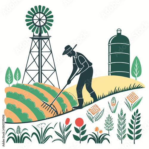 A farmer works in the field with a rake, featuring a windmill and silo