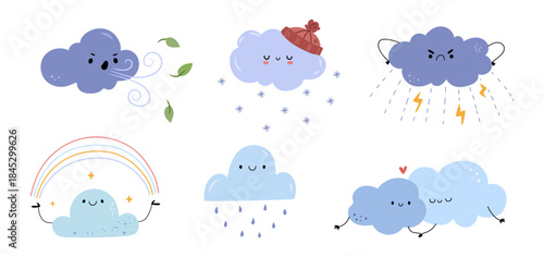 Emotional cloud weather character blowing cold wind, giving snow in winter. Vector in flat style, isolated set of avatars or emojis. Cloudy and stormy, raining and snowing, rainbow and glowing