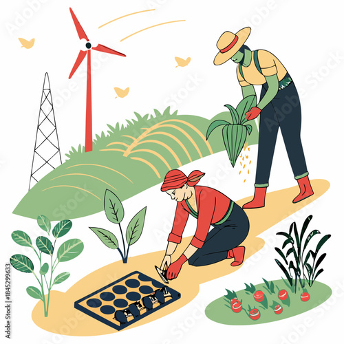 Two farmers tending to plants in a field with renewable energy infrastructure