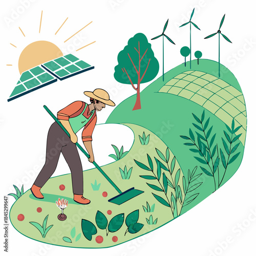 A sustainable farmer cultivates a field with green energy from solar panels and wind turbines