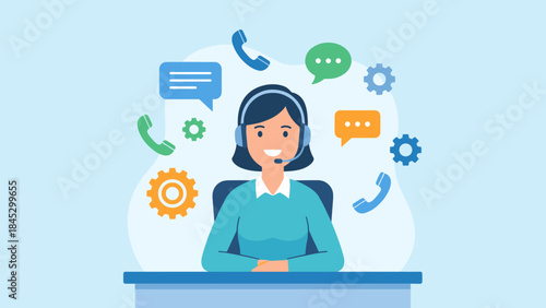Customer support service. Friendly female operator agent with headset. Technical help desk. Online assistance contact hotline. Communication business woman telemarketing advisor.