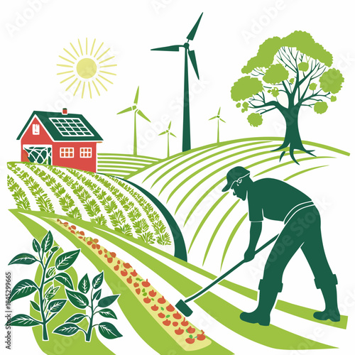 Sustainable farming landscape with farmer, solar panels, and wind turbines