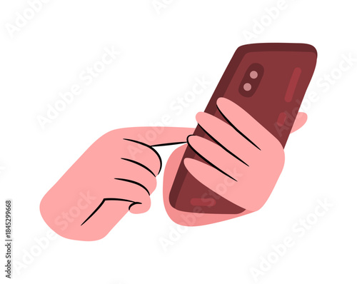 Using mobile phone, chatting or tapping screen. Vector in flat style, isolated hand holding smartphone with touchscreen, interacting with application and communicating or engaging with online world