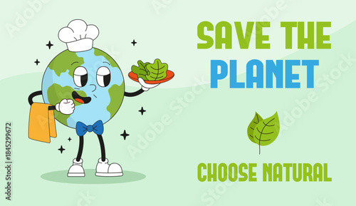 Earth day poster with groovy planet. Funny retro planet character with plate of salad. Unusual waiter character, save environment, neoteric vector banner