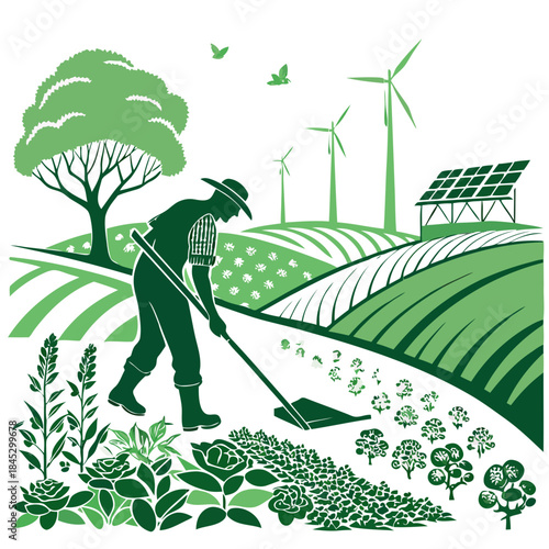 A farmer in silhouette tending to crops with a landscape of renewable energy sources