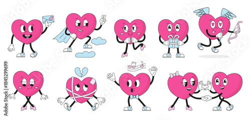 Retro style hearts characters. Groovy heart superhero, romantic female and male, singing. Valentines day creatures, funny love mascots, neoteric vector clipart