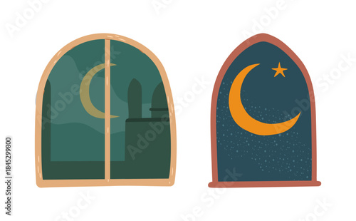 View of mosque, moon and star from arched windows. Vector isolated lattice of traditional architecture with night sky scenery. Cultural symbolizations of islam and month of Mercy. Ramadan atmosphere