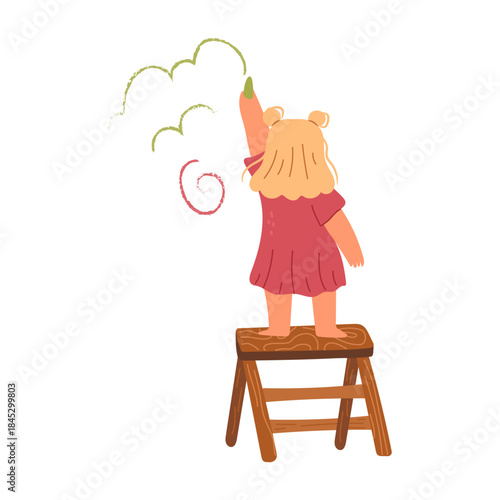 Girl child standing on stool reaching wall to draw. Vector in flat style, isolated cute baby character with oil crayon painting scribbles. Developing imagination and creativity skills, hobby