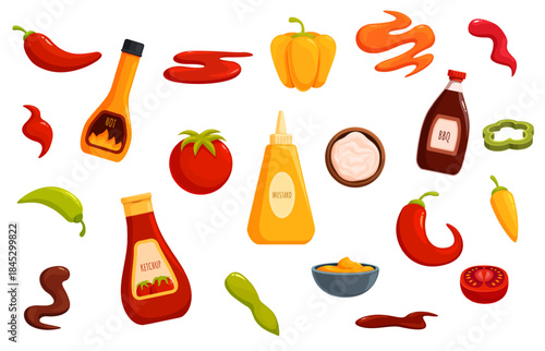 Hot sauces. Mustard, ketchup, bbq and chili sauce in plastic bottles. Peppers and mayonnaise in bowl top view, soy, tomato drops, sapid vector clipart