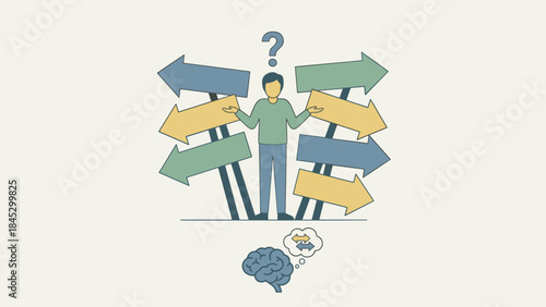 Confused man facing many road signs. Decision paralysis concept. Business strategy and career path dilemma. Person thinking about future direction. Uncertainty and doubt. Vector design