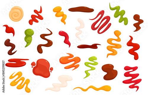 Cartoon sauces splashes. Sauce splash, drops mayonnaise, ketchup, soy. Sour cream, bbq and mustard dips. Tasty food dressing, sapid vector set