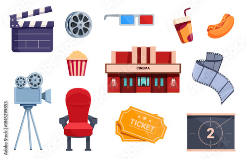 Isolated cinema elements. Cartoon drink hot dog popcorn clapper and tickets. Film making and watching objects. Movie theater building icon, sapid vector set