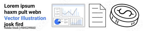 Analytics dashboard with charts, financial document, and dollar coin icon highlight business, finance, and economy concepts. Ideal for finance apps, budgeting, analysis tools, strategy fintech