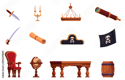 Pirate ship furniture. Wooden table and chair, antique globe, pirates flag and hat. Barrel for rum, candles, knife and saber. Vintage adventures sapid vector set