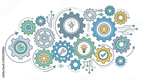 Gears and cogs mechanism working smoothly. System optimization efficiency concept. Engineering machine process. Teamwork business development. Innovation industrial flat vector.
