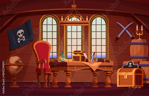 Pirate ship captain cabin. Cartoon interior with wooden table, barrels, rum bottle, chair and antique globe. Wood room on boat, sea adventures sapid vector scene