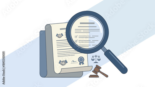 Legal contract review concept. Magnifying glass on document. Business agreement scrutiny. Law compliance audit. Due diligence. Corporate deal analysis. Flat vector illustration graphic