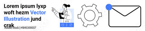 Female expert presenting insights with gear as settings and envelope for communication. Ideal for business, technology, teamwork, email marketing, notifications, workflow, and a simple landing page