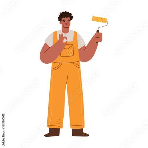 Renovation or building worker with paint roller and uniform. Vector in flat style, isolated male personage at work. Repairman or handyman business, repairing services staff or home decoration