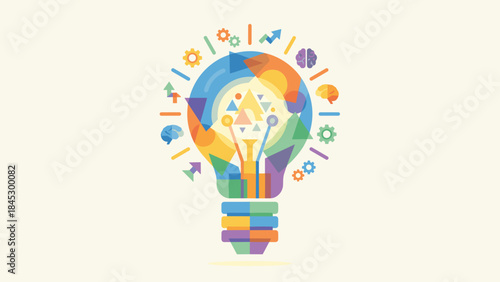 Colorful lightbulb geometric shapes. Innovation idea concept. Creative business strategy. Abstract mosaic technology. Inspiration brain gears. Smart mind solution. Flat vector design