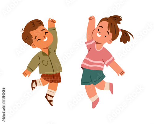 Cute boy and girl jumping with excitement. Vector isolated smiling kids in dynamic poses, full of energy and joy. Cartoon characters with joyful facial expressions. High vigor children