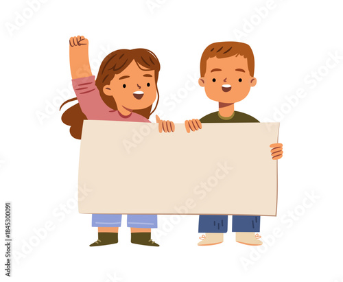 Cute young characters protesting with blank placard. Vector girl and boy holding clean signboard and rising hand up. Children on school meeting or event with banner. Kid focused announcements