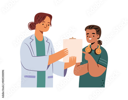 Pediatrician giving advices to sick teenager. Vector isolated young patient at doctors appointment. Diagnosis and treatment measures. Medical worker advising outpatient. Healthcare at hospital