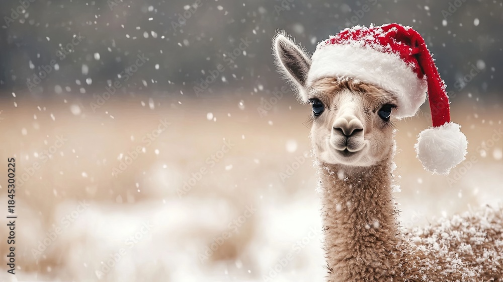 Obraz premium Baby llama wearing a Santa hat, standing in a snowy pasture .