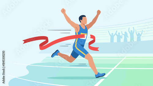 Runner crossing finish line breaking red tape. Winning athlete concept. Sports success victory celebration. Male sprinter first place. Competition achievement. Champion race marathon.