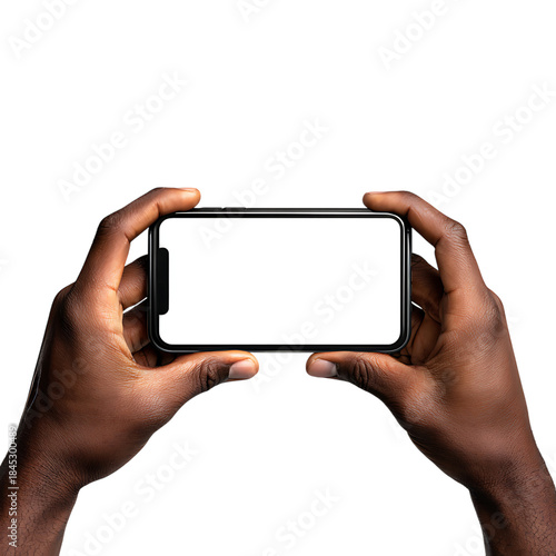 Two hands holding a smartphone horizontally isolated on transparent background