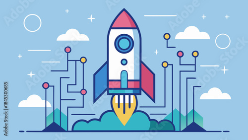 Rocket launch with circuit lines symbolizing technology and innovation in a flat cartoon style