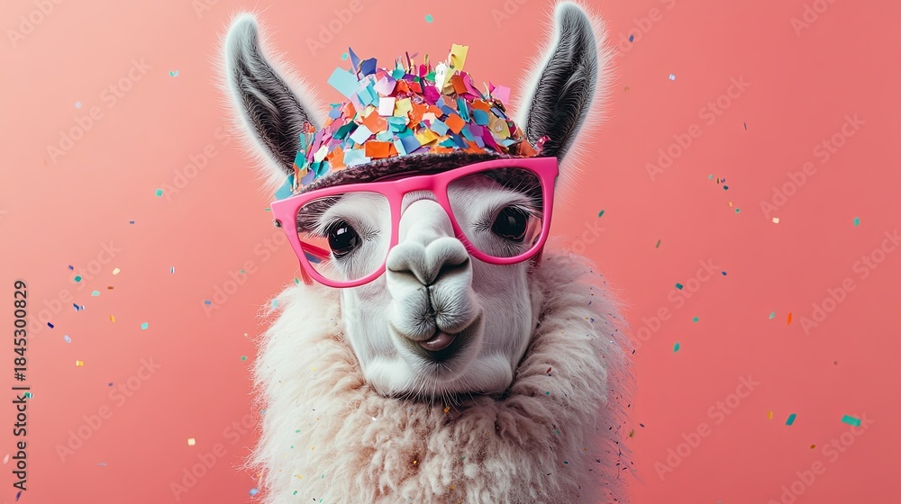 Obraz premium A festive llama with pink glasses, wearing a cap with colored confetti on top, smiling. .