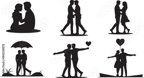 Six Romantic Couple Silhouettes Featuring Embraces, Kisses, and Heart Symbols love romance